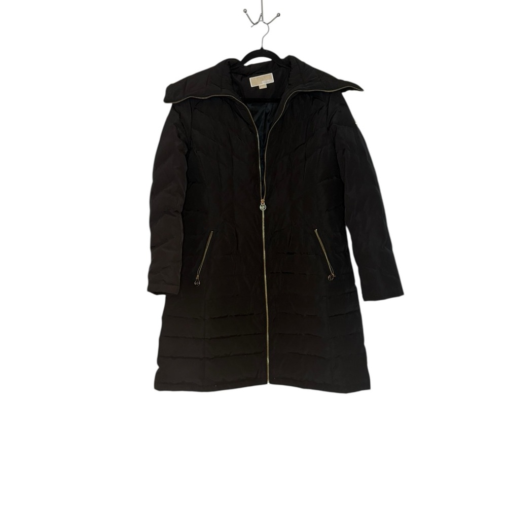 Michael Kors Long Black with Gold Zippers and Emblem Feather down coat
